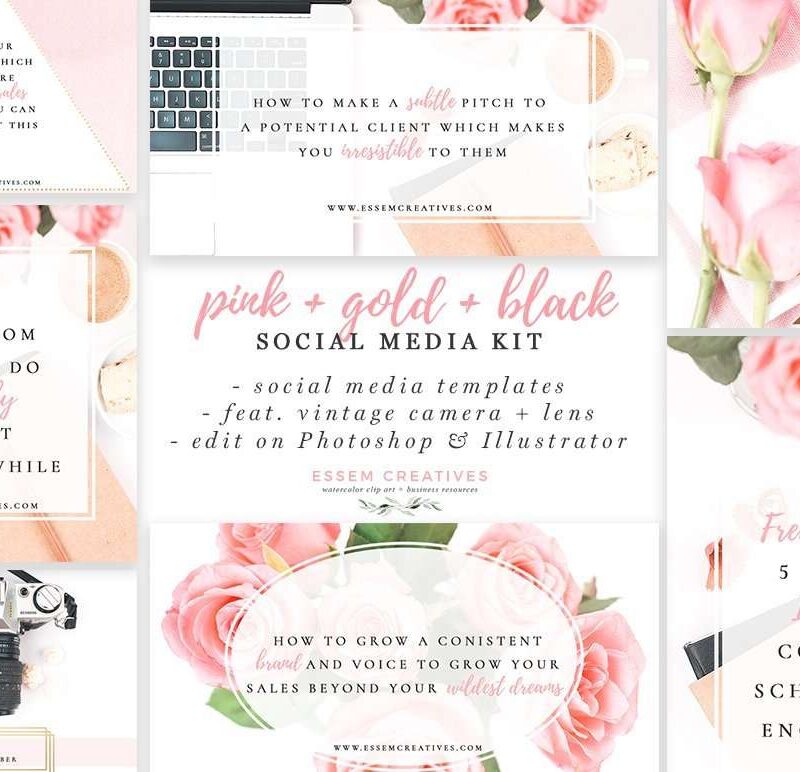 Pink Gold Black Social Media Templates, Photographer Marketing Templates, Flowers & Vintage Camera Stock Photos | If you're looking to grow your social media following without spending hours creating graphics, then check out this set of Social Media Templates | Click to see it >>