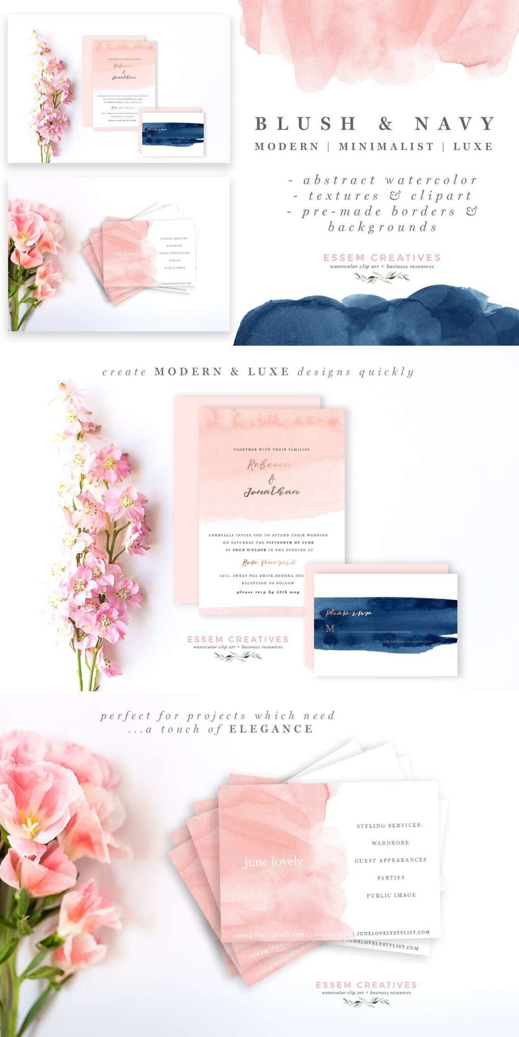 Blush and Navy Abstract Watercolor Splash Clipart & Backgrounds