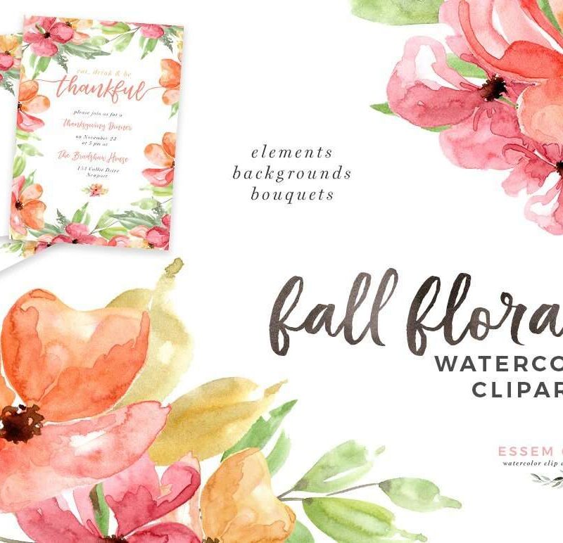 Fall Floral - Autumn Fall Watercolor Clipart Set | This is a set of watercolor bouquets, 5x7 digital papers and separate flowers, leaves, branches and fall inspired elements for all your design projects this season. Create thanksgiving cards, birthday party invitations, wedding cards, save the date, seasonal logos and more. Color palette features fall colors of orange, coral and yellow. Click to check it out>>