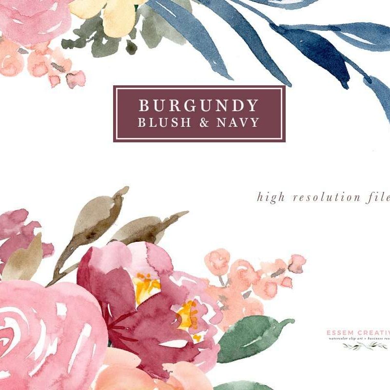Burgundy Blush Pink and Navy Blue Watercolor Flowers Clipart set features separate florals, leaves, branches, twigs, berries, buds and elements for you to create your own custom and unique designs. Click through to check them out (3 minute tutorial included)>>