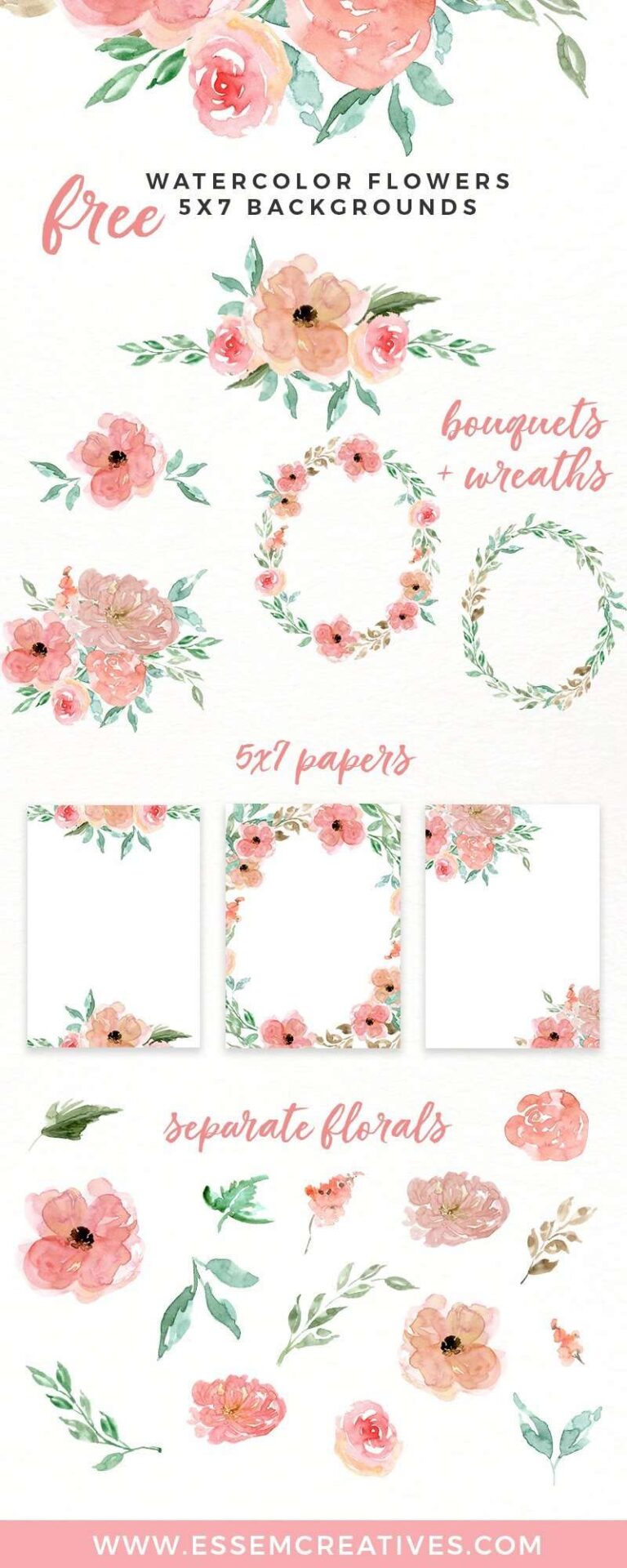 Free Watercolor Flowers Clipart, Floral Wreaths, 5x7 Borders Backgrounds | Use these free digital resources for your next DIY art & crafts project | Use to make birthday party invitations, wedding invites, printable wall art & home decor, logo for your blog or etsy shop, a banner for your website & more. Click to get it>>