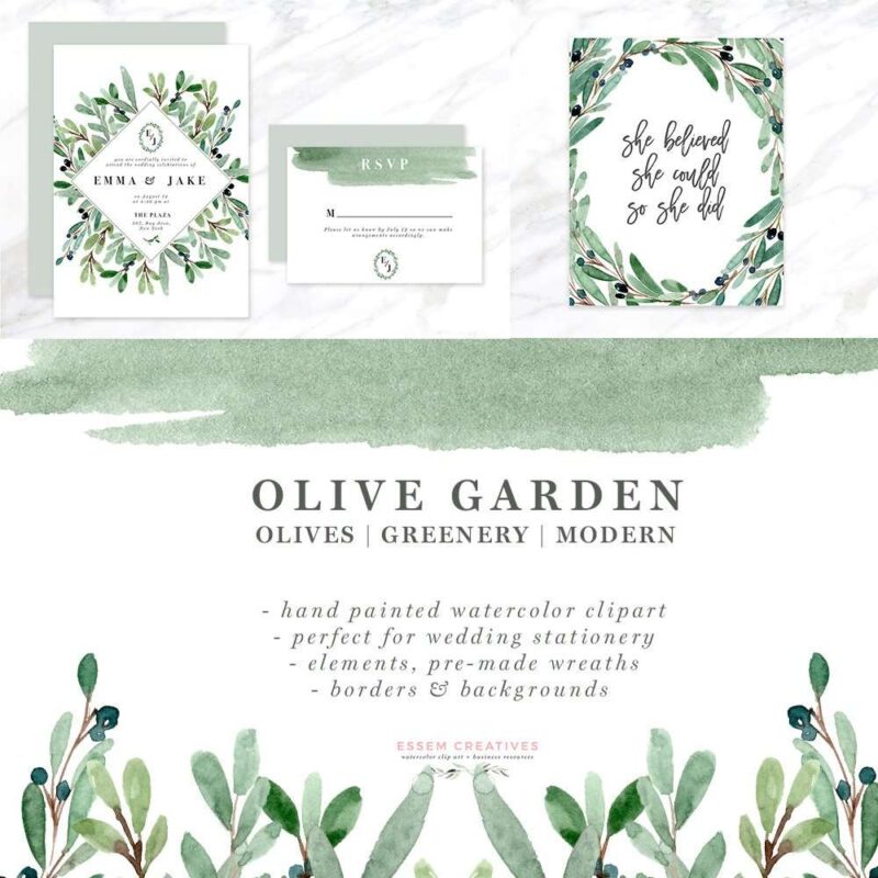 Olive Garden | Watercolor Olive Branch Clipart Set featuring olive leaves, branches and wreaths, digital papers and leafy borders. Perfect for designing custom branch logos, website branding, wedding invitations, birthday party invites, stationery, home & nursery wall art decor, and more. Click through to check it out>>