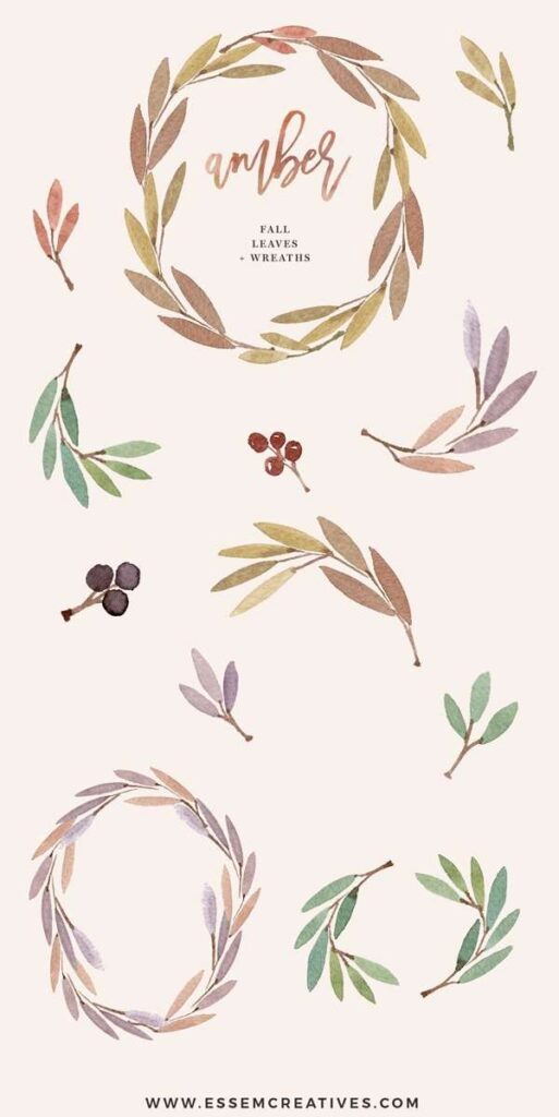 Watercolor Wreath Clip Art, Fall Leaves, Autumn Wreath Clipart