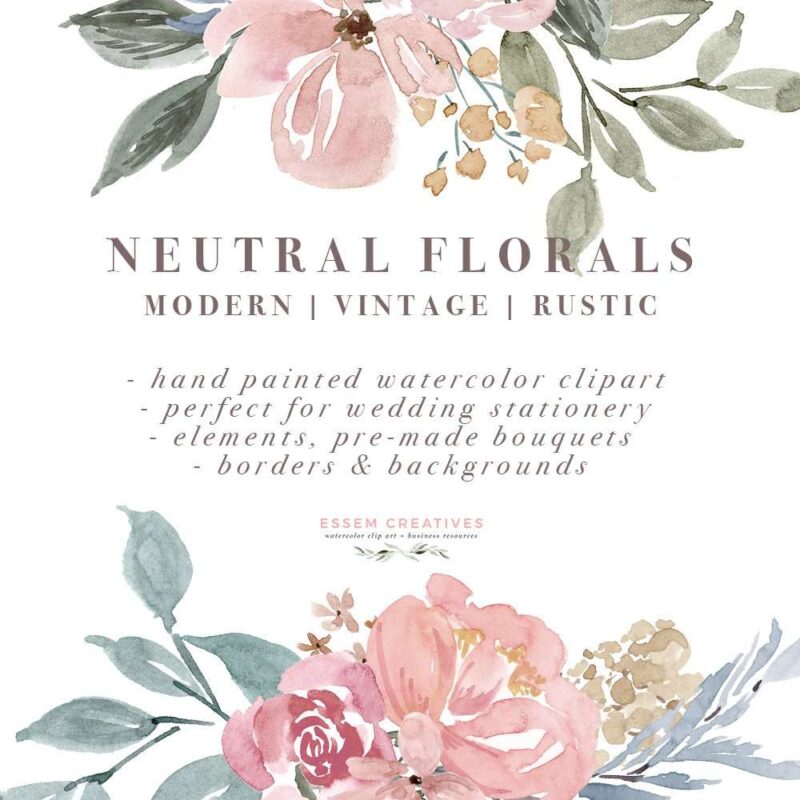 Neutral Watercolor Flowers Clipart, Floral Borders & Frames, Watercolor Background, Rustic Clipart, Vintage Watercolor Floral Border Clip Art, Wedding Invitation Clipart, The floral watercolor designs have been painted in a modern style in a variety of gorgeous neutral & muted shades in warm & cool tones. Earth tones are increasingly becoming a favourite color palette of mine and this set of graphics is inspired by that. These are perfect for use in wedding invitations, other stationery, logos & branding, website banners & headers, business cards, packaging materials, art prints, coffee mugs, planner designs, etc.