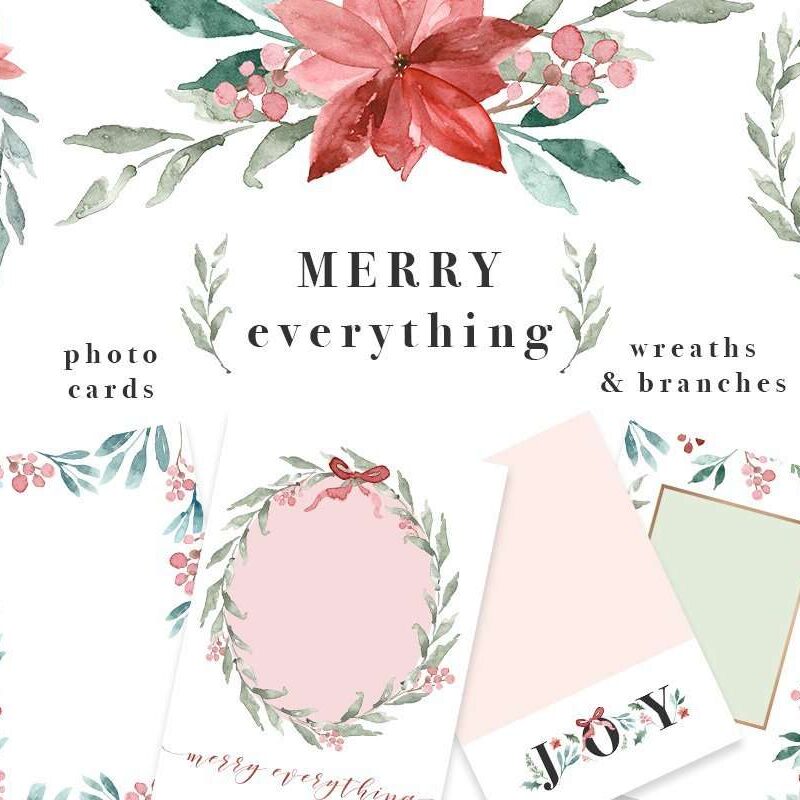 MERRY EVERYTHING is a watercolor christmas card template, wreaths & clipart set. It includes christmas & festive wreaths, pre-made photo card & christmas card backgrounds & borders in 5x7 inches & A4 size, and also separate branches, poinsettia flowers, mistletoe bunch tied with a ribbon, & more for DIY designs. To design a christmas card quickly & easily, simply open one of the pre-made backgrounds or wreaths, add your custom text & voila! Your card is ready to go. Use these for corporate card designs or for your friends & family.