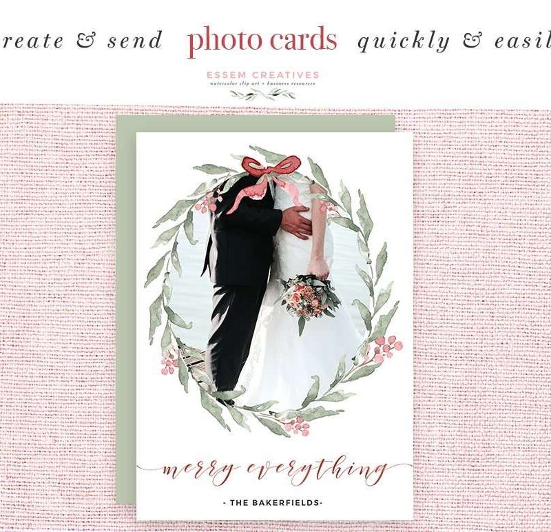MERRY EVERYTHING is a watercolor christmas card template, wreaths & clipart set. It includes christmas & festive wreaths, pre-made photo card & christmas card backgrounds & borders in 5x7 inches & A4 size, and also separate branches, poinsettia flowers, mistletoe bunch tied with a ribbon, & more for DIY designs. To design a christmas card quickly & easily, simply open one of the pre-made backgrounds or wreaths, add your custom text & voila! Your card is ready to go. Use these for corporate card designs or for your friends & family.