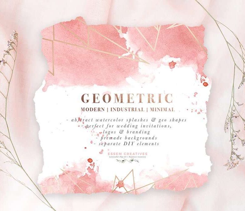 DIY Geometric Watercolor Wedding Invitation Backgrounds & Clipart, Table Number Decorations DIY | This set is perfect for watercolor wedding invitations, save the dates, event invitations, logos & branding & more. This set contains modern abstract watercolor splashes and rose gold geometric shapes to go with them. Also included are pre-made watercolor backgrounds for quick & easy projects. Click to see more>>