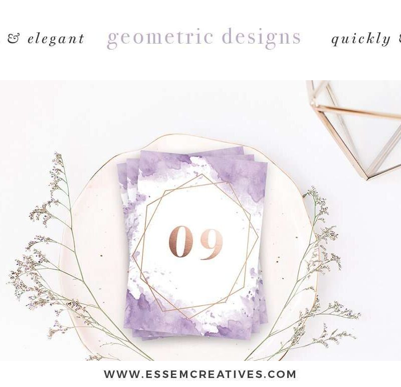 DIY Geometric Watercolor Wedding Invitation Backgrounds & Clipart, Table Number Decorations DIY | This set is perfect for watercolor wedding invitations, save the dates, event invitations, logos & branding & more. This set contains modern abstract watercolor splashes and rose gold geometric shapes to go with them. Also included are pre-made watercolor backgrounds for quick & easy projects. Click to see more>>