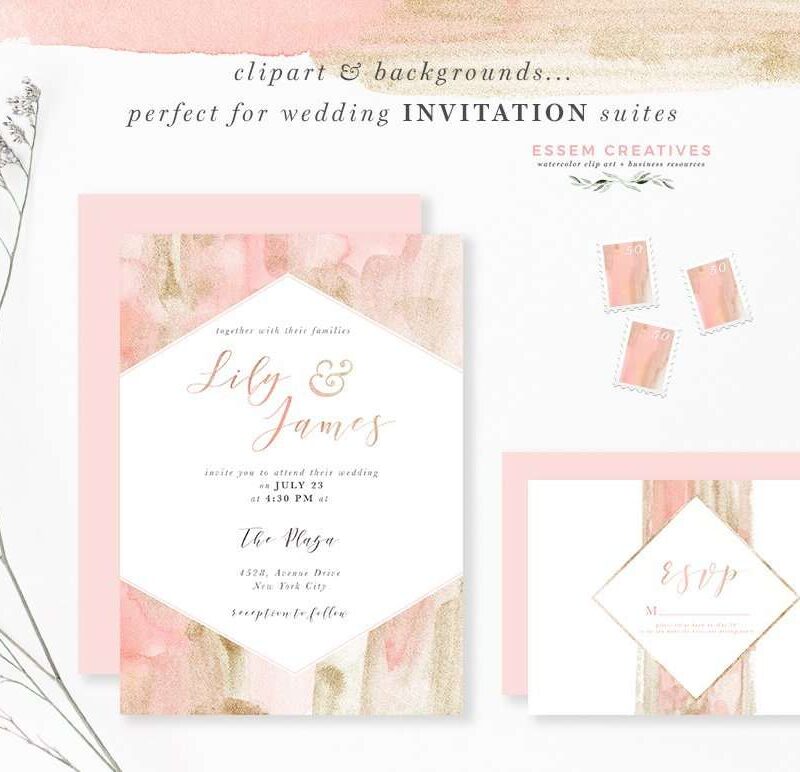 Blush Pink and Gold Watercolor Textures and Clipart for Wedding Invitations, Blush and Gold Branding | Perfect for watercolor blush and gold wedding invitations, save the dates, blush and gold branding, feminine logos for small creative businesses, blush and gold splashes paint strokes and texture clipart, packaging, website headers & banners, DIY crafts projects, and more. Click to check out this design kit which will make all your blush and gold dreams come true>>