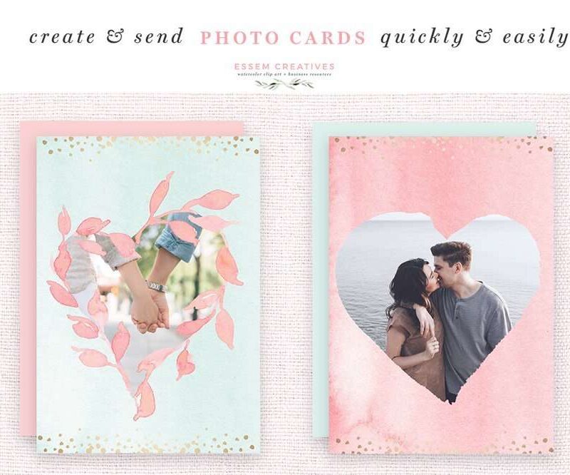 DIY Watercolor Valentine Day Cards, Hearts Clipart, Confetti PNG Borders, Photo Card Templates | Use these watercolor hearts clipart, transparent confetti border PNG files, premade photo card templates, blush and mint florals in a soft & romantic style, to make valentines day cards greeting home decor & printables quickly & easy! Click to check it out now >>