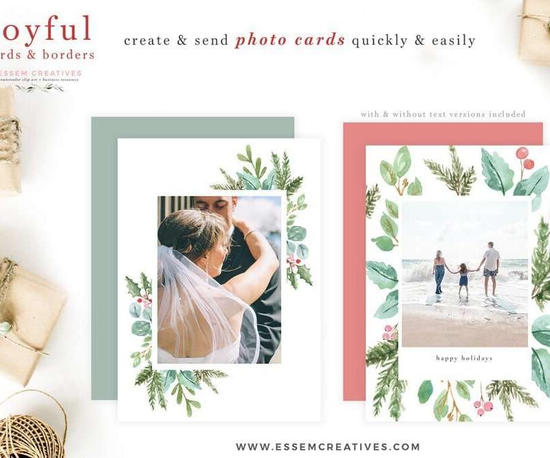 This is a digital watercolor christmas card borders & backgrounds set. It includes pre-made photo card templates & christmas card backgrounds & borders in 5x7 inches & A4 size. To create a christmas photo card easily, open your photo, drag and drop a PNG christmas photo card frame from this set on top, and voila! Video tutorial included. These christmas graphics have been hand painted in a modern watercolor style for elegant designs. Click to see more>> #christmascard #holidaycard #christmas