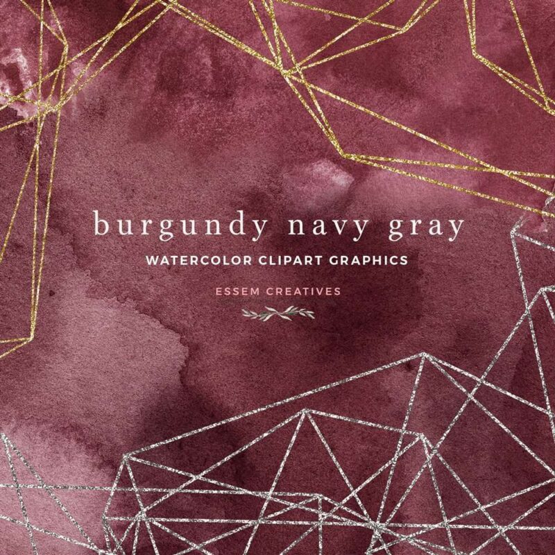 BURGUNDY NAVY GRAY is a set of watercolor splash clipart graphics, gold & silver polygonal geometric shapes & frames, borders & backgrounds. All graphics are high resolution & are suitable for large prints. Perfect for scrapbooking, wedding invitations, watercolour logos, bridal shower invites & paper, welcome signs, packaging, wall art, planners, planner accessories, for sprucing up your website, for your social media posts. #weddinginvitations #burgundywedding #savethedate #planneraccessories