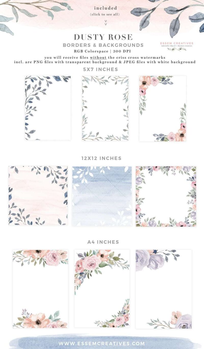 Dusty Rose Watercolor Floral Card Borders Backgrounds PNG JPEG