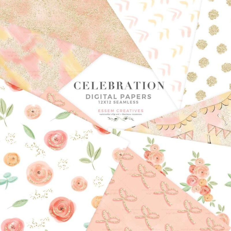 CELEBRATION PAPERS is a set of digital papers which come as seamless patterns in a repeatable tile. This set of digital scrapbooking papers features hand drawn graphics and  pastel cute & whimsical flowers, leaves and bouquets in pink peach cream color palette, sparkles, confetti, bunting garlands, champagne bottle and glasses, fireworks and more. Valentines day bridal party scrapbooking, planner stickers, planner dashboard decor, wall art prints>> #valentinesday #fashionillustration