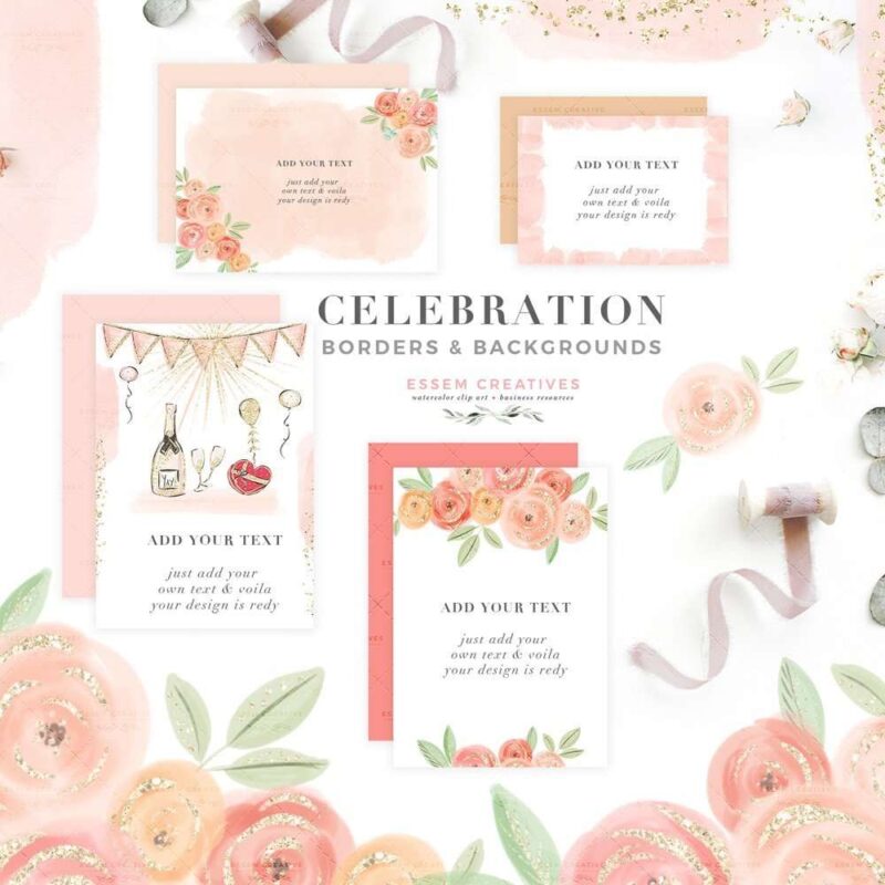 CELEBRATION BORDERS & BACKGROUNDS is a set of floral watercolor card backgrounds and border templates. Use these to quickly add your text on top and create unique & whimsical card and poster designs. These are perfect for your DIY graphic design creations for wedding invitations, birthday party, baby shower, bridal shower invitations, valentines and galentines day cards, planner stickers, planner dashboard decor, wall art prints and more. #weddinginvitations #valentinesday #babyshower #birthday