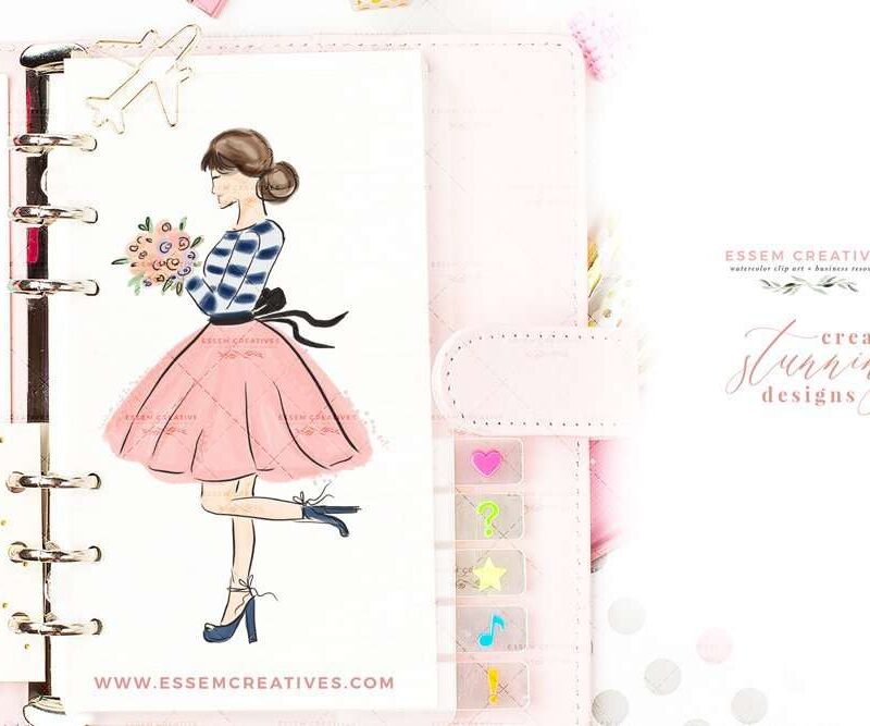 Girl Holding Flowers in Navy Stripes and Pink Skirt Clipart for Logo Branding Planner Wall Art Print 2 Fashion illustration of lovely girl holding a bunch of flowers. She's wearing a chic navy blue top and a pink frilly skirt with a bow. Available in different hair and skin color combinations like light skin, dark skin, blonde hair, brown black hair. This hand drawn sketch of a spring inspired girl is perfect for logo & branding, poetry background design, planner stickers, planner dashboard decoration, valentine's day invitations and card, wall art print, chic home office wall art print and more.