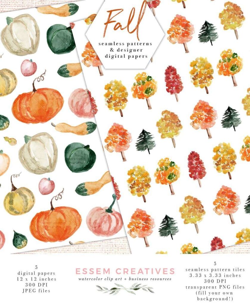 Watercolor Fall Digital Papers & Seamless Repeat Pattern Tiles with ...