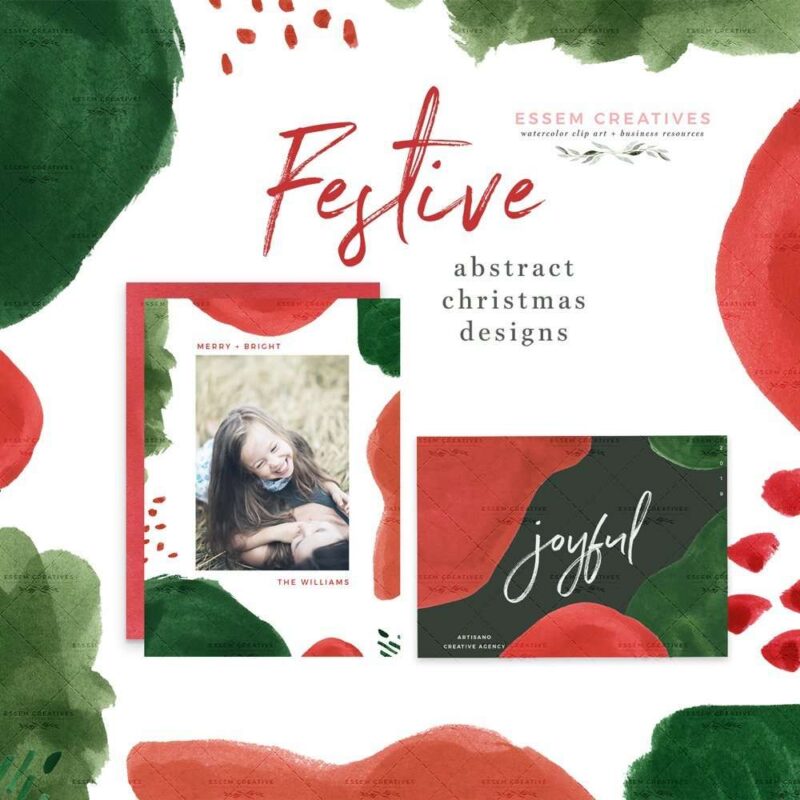 Festive Abstract Christmas Card Templates Clipart Borders Graphics | Modern abstract watercolor christmas card templates, borders and clipart graphics in holiday colors of green and red. Brush strokes, splashes, and marks which are perfect for layering.Create holiday designs like holiday cards, Christmas cards, gift tags, greeting cards, Christmas invitations, winter wedding invites, gift labels, wrapping paper, invitations, scrapbooking. Click to see more>> #christmas2019 #christmas #holidays