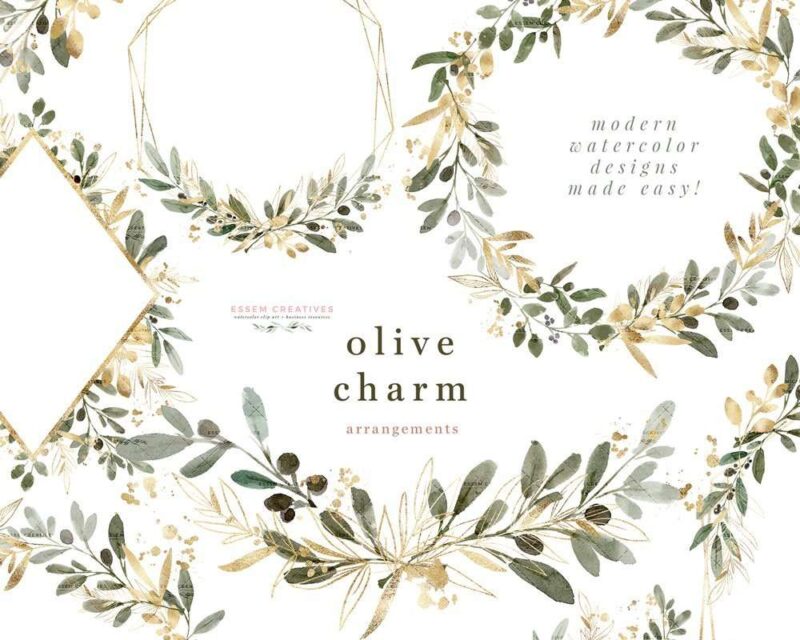 Watercolor Olive Leaf Wreath Gold Geometric Frames Clipart with ...