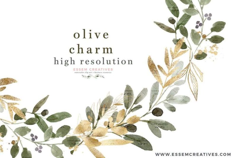 Watercolor Olive Leaf Wreath Gold Geometric Frames Clipart with ...
