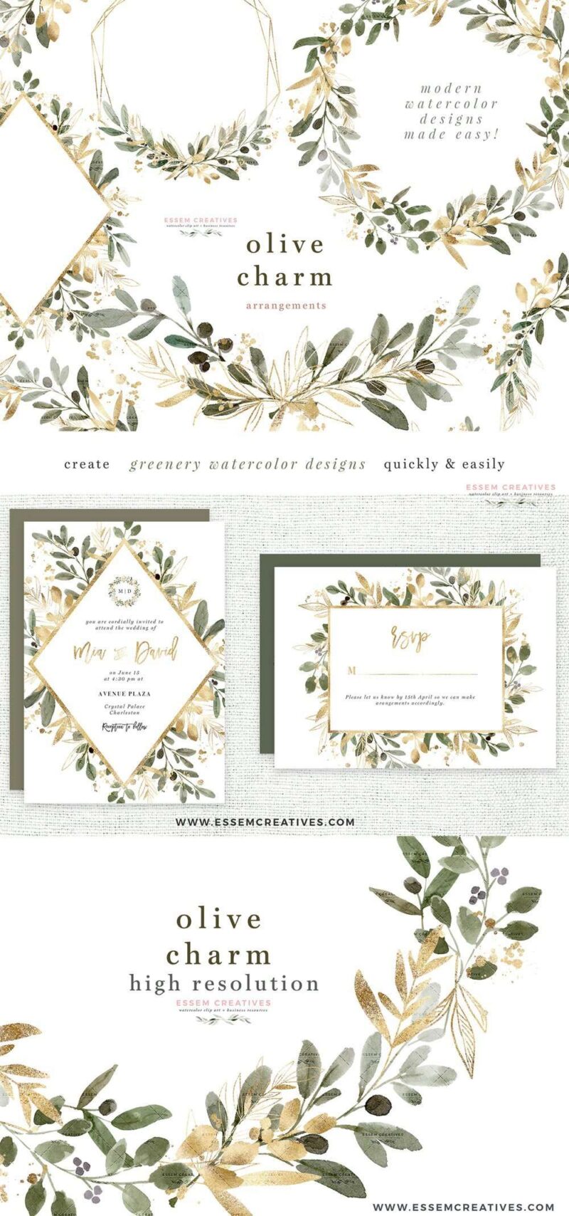 Watercolor Olive Leaf Wreath Gold Geometric Frames Clipart with ...