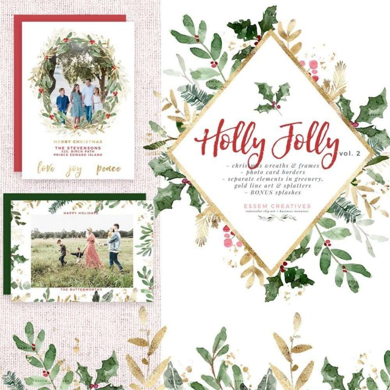 Holly Jolly Watercolor Christmas Clipart, Christmas Wreath Clip Art, Holiday Photo Card Templates Borders | This Christmas Graphics Set has gorgeous winter greens and evergreen with red and gold accents. Create holiday designs - holiday cards, Christmas cards, gift tags, greeting card, Christmas wedding invitations, winter wedding invites, gift labels, wrapping paper, invitations, scrapbooking Pine, evergreen, holly jolly branches, mistletoe, eucalyptus. Click to see more>> #christmas #holidays