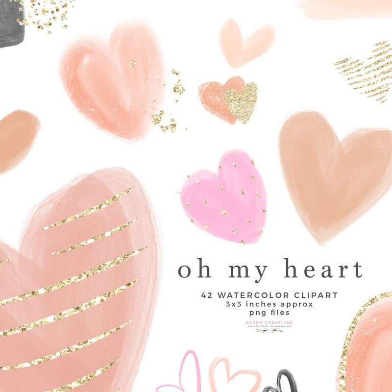 Pink Hearts Clipart, Watercolor Valentines Day Love Romantic Clip art Illustrations Graphics | Drawn in classic soft shades of pink and a few brights, this set also includes sparkly gold glitter confetti accent overlays. Decorate your bullet journal, valentine's day cards, sublimation on t-shirts mugs, print and cut projects, greeting cards, invitations, logo blog brand, birthday party, baby shower, bridal shower, planner stickers, planner decor, wall art prints and more. Click to see more>>