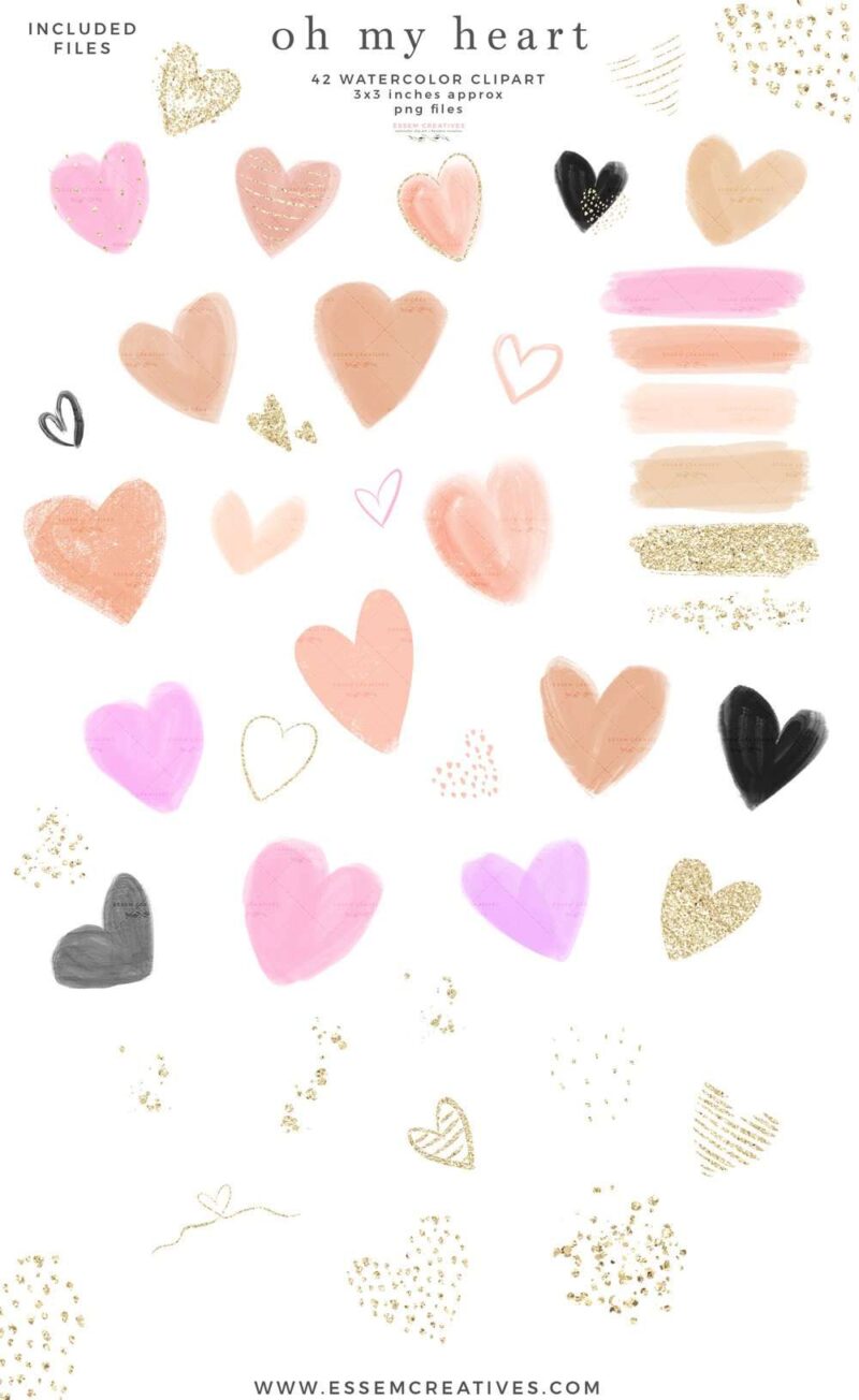 Pink Hearts Clipart, Watercolor Valentines Day Love Romantic Clip art ...