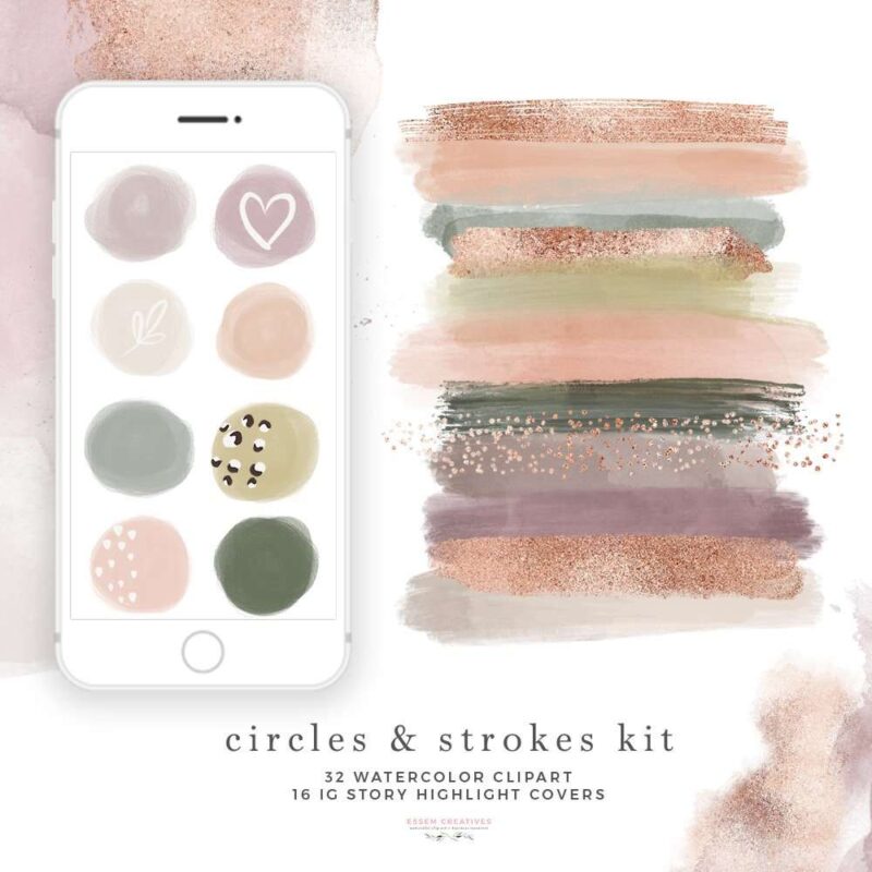 Pink Mauve Pale Neutral Rose Gold Watercolor Circles and Brush Strokes Branding Clipart Boho Insta Story Highlight Covers