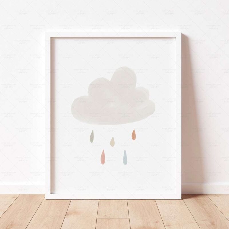 Neutral Cloud and Rain Print, Boho Nursery Decor, Playroom Prints, Scandi Nursery Poster
