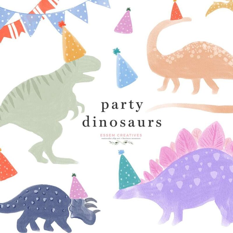 Party Dinosaurs in Hats Clipart graphics, whimsical dino illustrations for T-Rex birthday party template for kids | These playful dinosaurs in party hats are the perfect digital downloads to add to your kid's birthday party invitations. Print them out large and cut them out as signs, print them as cupcake toppers, use them to make birthday signs, favor tags and labels, party hats. Sublimate them on dino and t-rex theme birthday t-shirts, coffee mugs and tumblers.