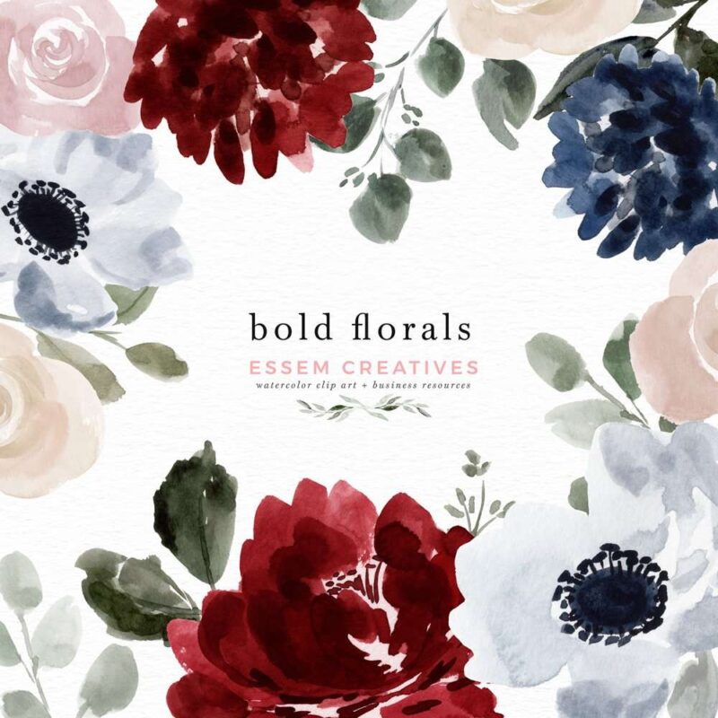 Watercolor floral clip art in navy blue and deep red, floral border PNG for fall wedding invitation templates | These are great for fall wedding invitations and thanksgiving invitations. You can also print them out for your wedding events signage and collaterals like thank you cards, favor tags and labels, menus, wedding welcome sign, seating chart. These vibrant blue and red flowers clipart in a modern watercolor hand painted style will enhance your designs and leave your guests impressed.