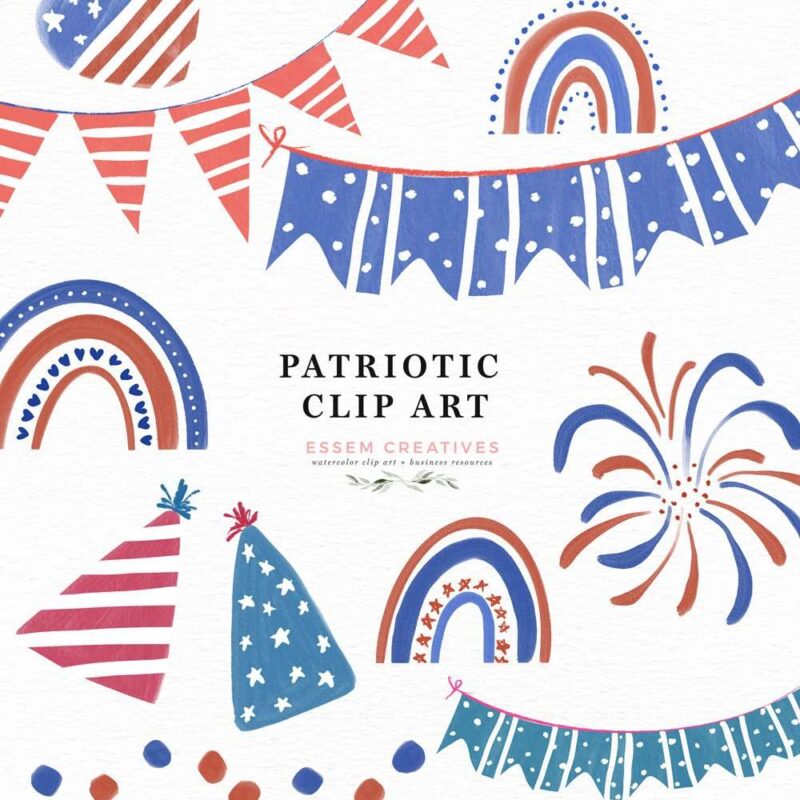 4th of July clip art patriotic rainbows illustrations fireworks balloons banners hats barbecue graphics | There is an American flag heart, balloons and fireworks. The blue red and white patriotic rainbow clip art PNGs are perfect for sublimation crafts and print and cut projects. Decorate your 4th of July BBQ barbecue party - invitations, menus, signs, cut out banners, cupcake toppers, flags, gift labels and tags and stickers with these watercolor clip art.