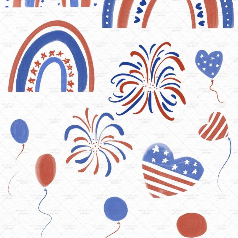 4th of July clip art patriotic rainbows illustrations fireworks balloons banners hats barbecue graphics | There is an American flag heart, balloons and fireworks. The blue red and white patriotic rainbow clip art PNGs are perfect for sublimation crafts and print and cut projects. Decorate your 4th of July BBQ barbecue party - invitations, menus, signs, cut out banners, cupcake toppers, flags, gift labels and tags and stickers with these watercolor clip art.