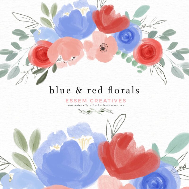 Blue and red flowers clip art, 4th of july patriotic floral clipart, Floral wreath clip art flower borders | Blue and red flowers are a timeless color combination suitable for many designs like birthday party invitations, wedding invitations, 4th of july celebrations, baby showers, gender reveal parties. Use these vibrant watercolor floral clip art in blue, red and white to create the perfect designs that make your designs look professional (without breaking the bank!).