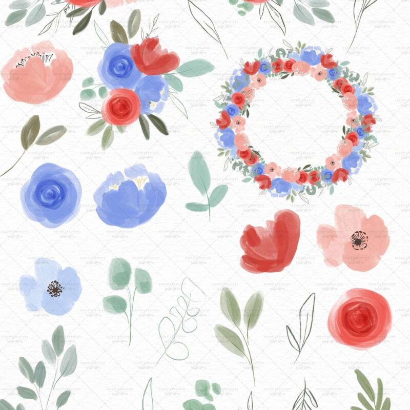 Blue and red flowers clip art, 4th of july patriotic floral clipart, Floral wreath clip art flower borders | Blue and red flowers are a timeless color combination suitable for many designs like birthday party invitations, wedding invitations, 4th of july celebrations, baby showers, gender reveal parties. Use these vibrant watercolor floral clip art in blue, red and white to create the perfect designs that make your designs look professional (without breaking the bank!).