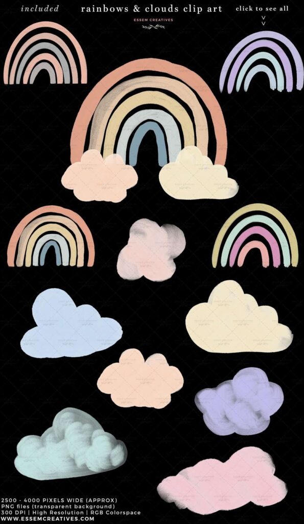 Boho rainbow and clouds clip art in bright pastel colors painted in ...