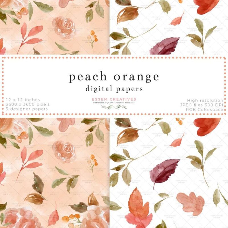 Peach Orange Fall Floral Digital Papers for Scrapbook Album Design Fabric Printing Card Background Template | These are seamless repeat patterns with a floral print. Also included is one peach seamless watercolor pattern. Perfect for scrapbooking, functional planner stickers like header labels, flag stickers etc. They work well for floral watercolour card backgrounds, photo album backgrounds, photography backdrop as well. You can also print them out directly for a variety of uses>>