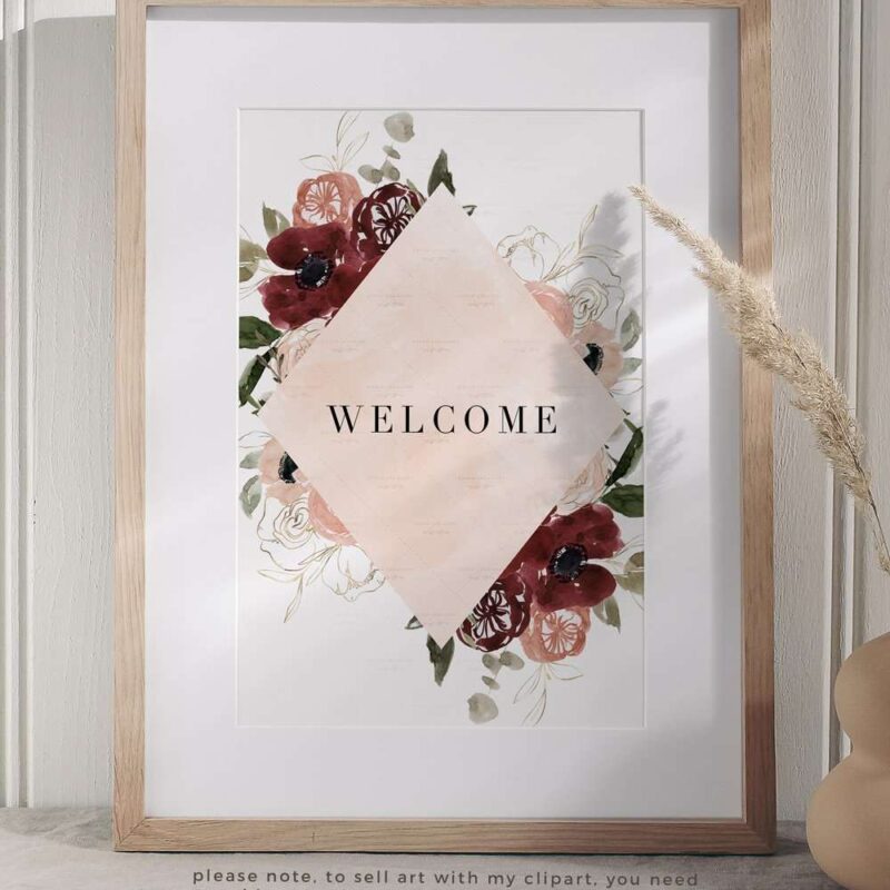 Burgundy Blush Floral Clipart, Watercolor Fall Flower Wreath Border Frame for Wedding Invites Logo Branding | These are great for fall wedding invitations and thanksgiving invitations. You can also print them out for your wedding events signage and collaterals like thank you cards, favor tags and labels, menus, wedding welcome sign, seating chart. These vibrant blue and red flowers clipart in a modern watercolor hand painted style will enhance your designs and leave your guests impressed.