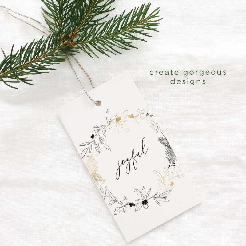 This black white and gold fine line art set with Christmas botanicals like mistletoe bunch, evergreens like fir and pine branches, holly branches with berries, and eucalyptus leaves is perfect for designing your own holiday cards and collateral. Click to see more>>