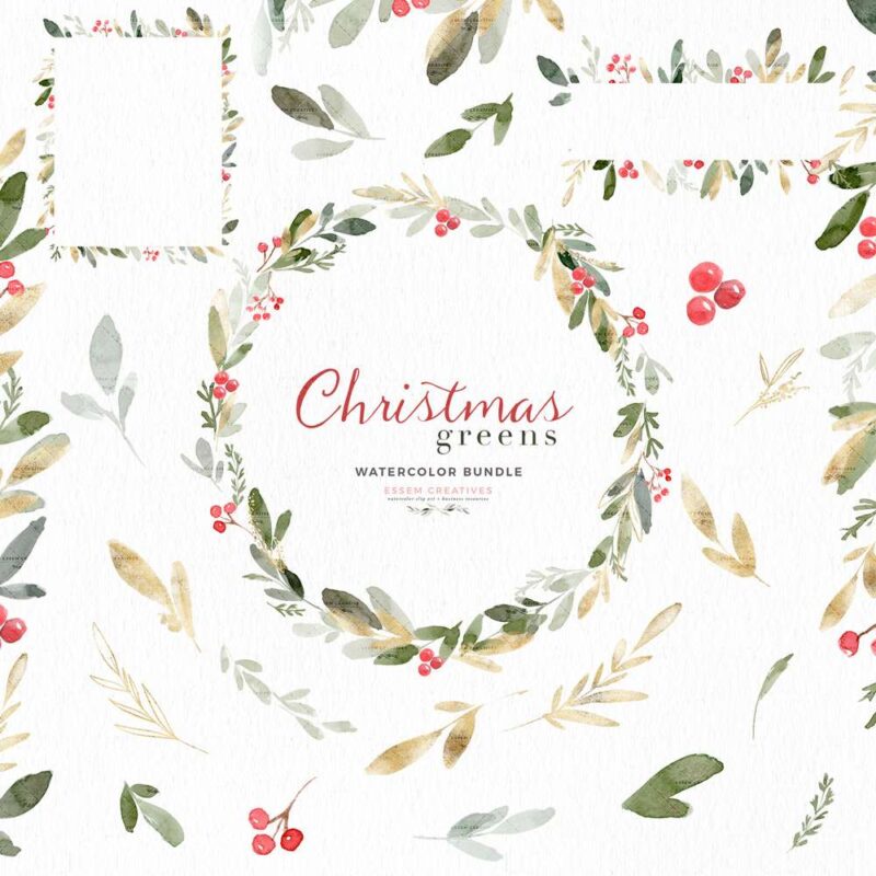 Christmas Wreath Clipart, Holly Mistletoe Clip Art, Winter Greens PNG for Card Border Background. Click to see all>>