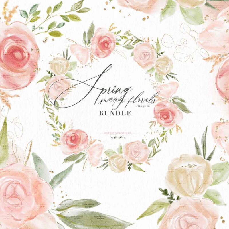 This Pink and Gold watercolor flowers clip art set includes blush pink, peach and cream watercolor florals hand painted in a trendy modern style feature gold floral accents and splatters. Included are pre-made floral wreaths, bouquets, borders and backgrounds. Create your own DIY and affordable wedding invitations (even if you're a beginner!), bridal shower invites and games, baby girl shower collaterals, woodland theme cards. These also work as sublimation pngs, and you can also use them on your cricut or silhouette with the print and cut function.