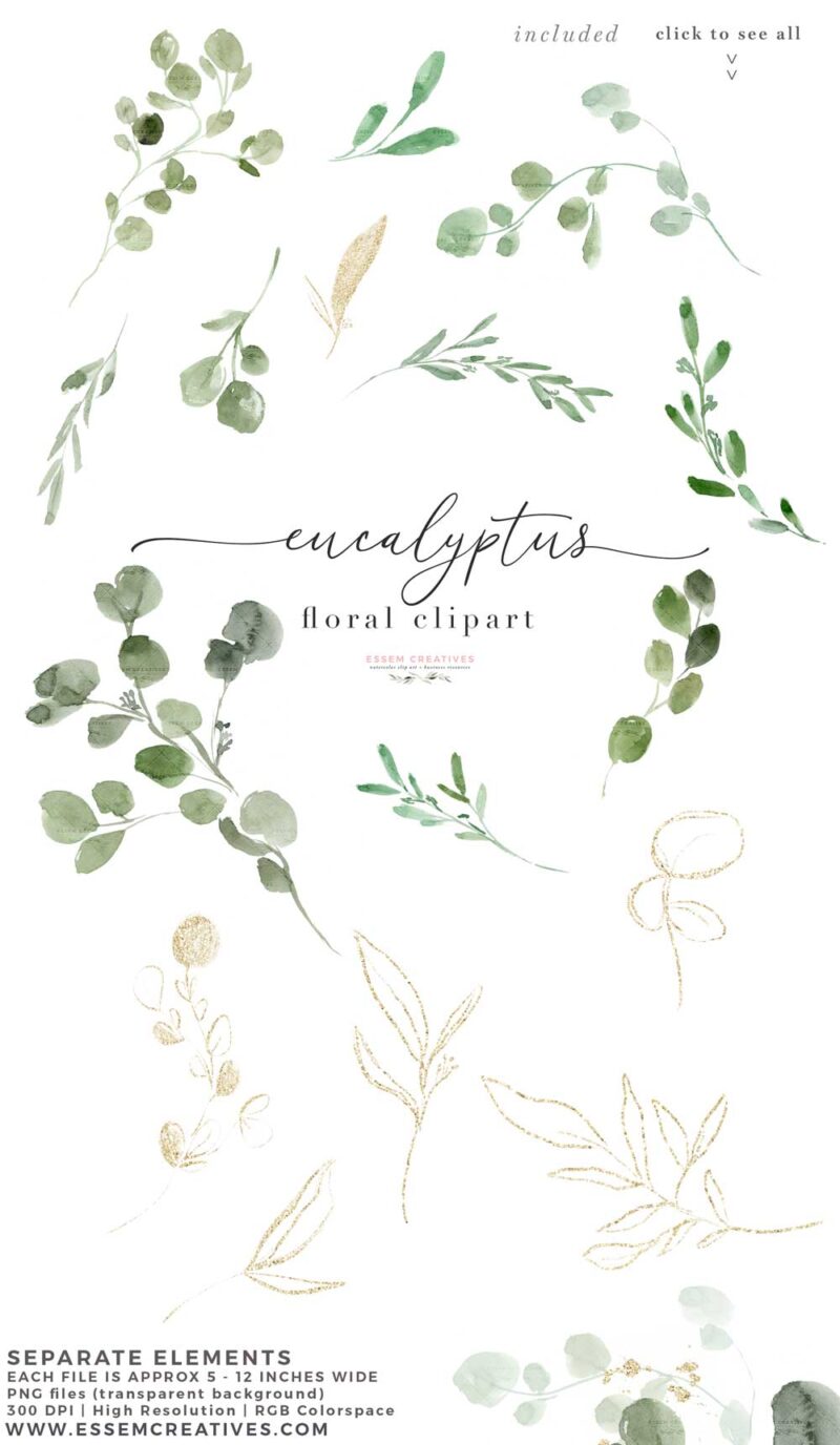 Watercolor Eucalyptus and Gold Leaves Wreath Frame Border Clipart with ...