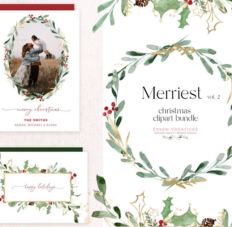 Watercolor Christmas Wreath Clipart, Floral Frames Backgrounds Card Border Templates