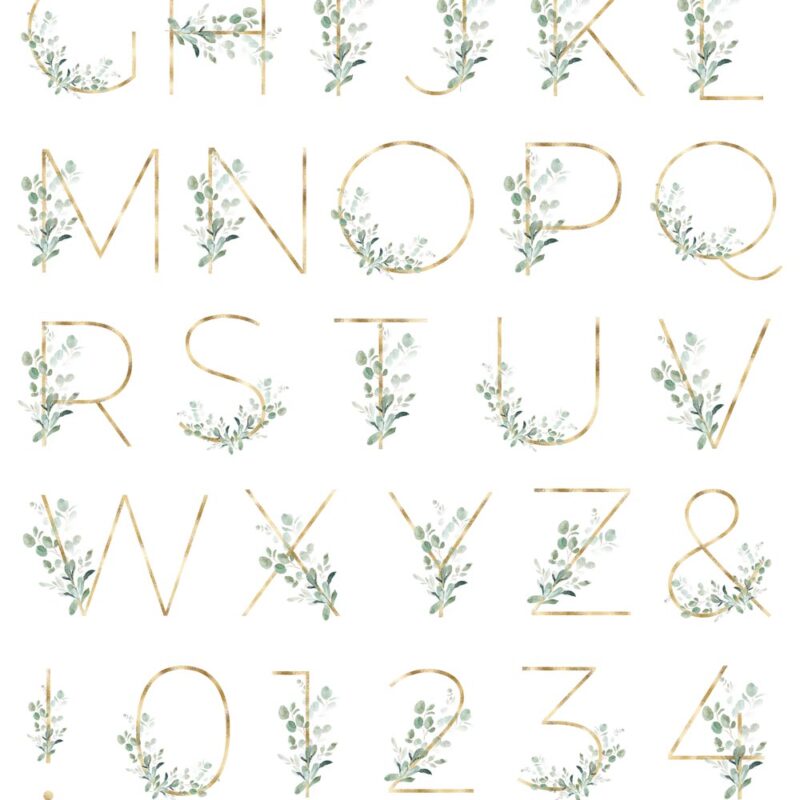 Greenery and Gold Eucalyptus Watercolor Floral Alphabet Clipart, Letters Digit Number Font Graphic Sublimation PNG by Essem Creatives