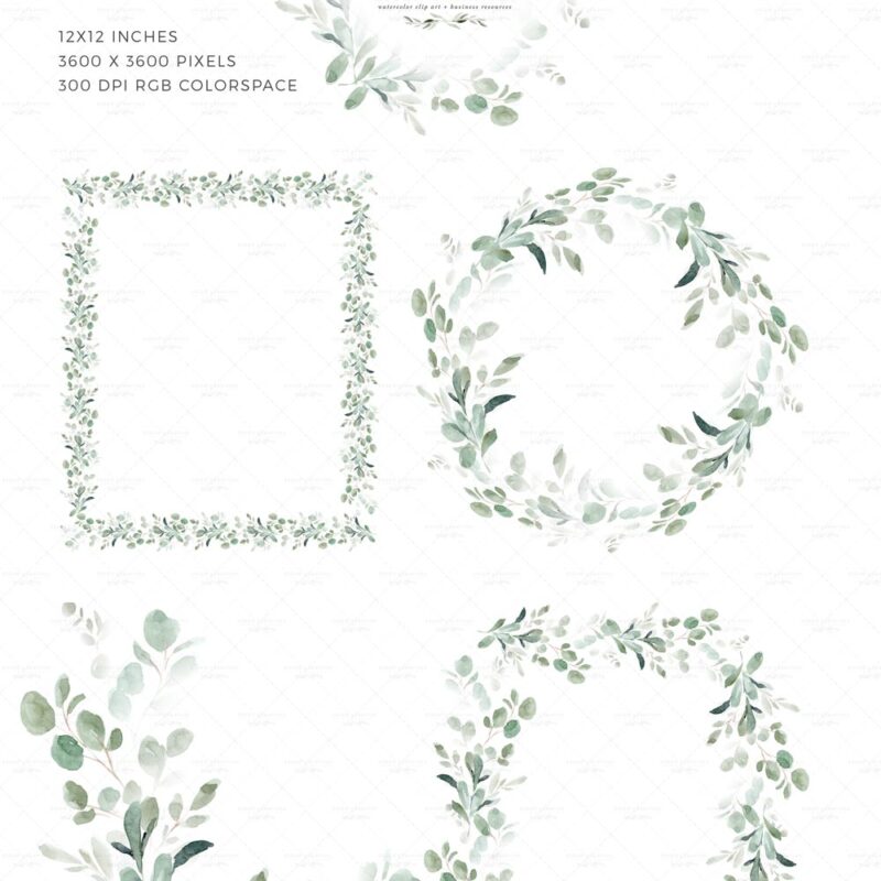 Greenery Watercolor Eucalyptus Clipart Bundle, Wedding Invitation Bridal Shower Invite Graphics, Sublimation Files, Card Border Template