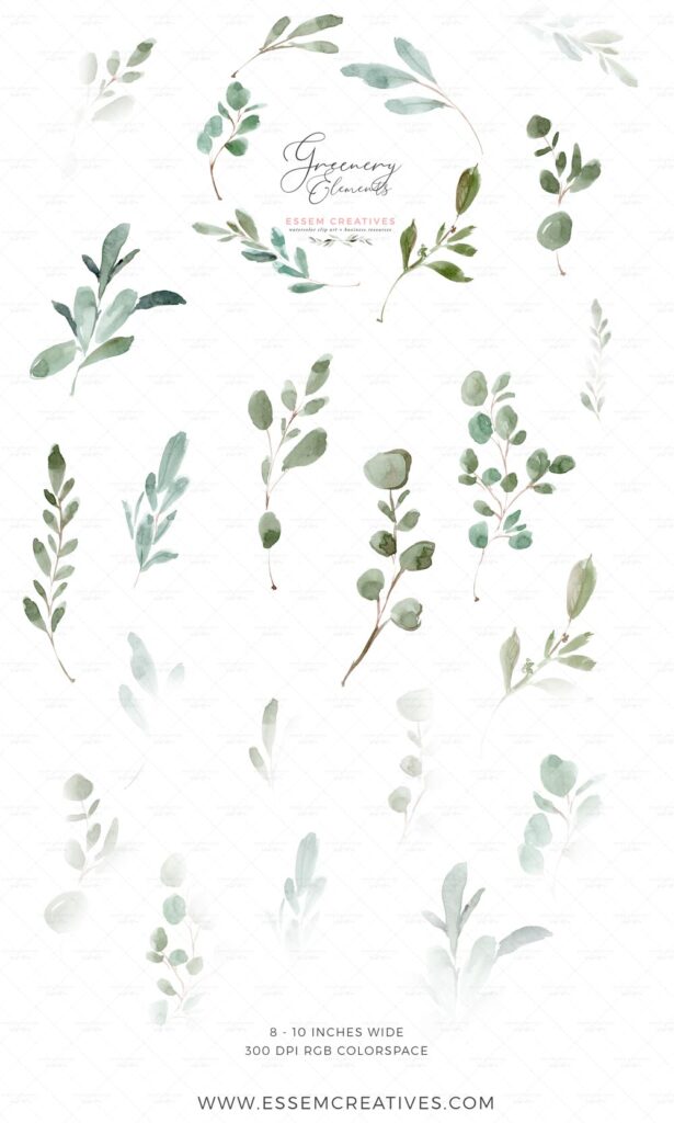 Greenery Watercolor Eucalyptus Clipart Bundle, Wedding Invitation ...