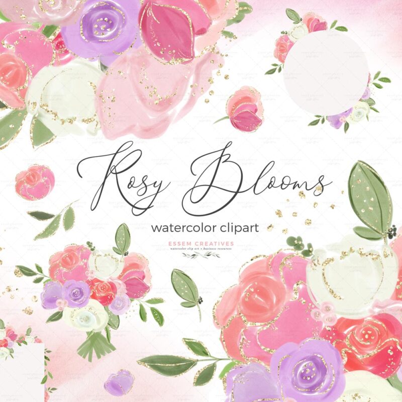 Transform your creative projects with this hand painted adorable Pink and Purple Floral Watercolor Clipart Set. This pretty, vibrant and cute collection features delicate floral designs in shades of rosy pinks and purples, fuschia, magenta and gold sparkles. Dive into a world of creativity as you explore the watercolor splashes, textures, bouquets, frames, borders, and backgrounds included in this set. Perfect for invitations, greeting cards, scrapbooks, and digital artwork, these versatile elements will add a whimsical touch to your designs. Click to see more>>