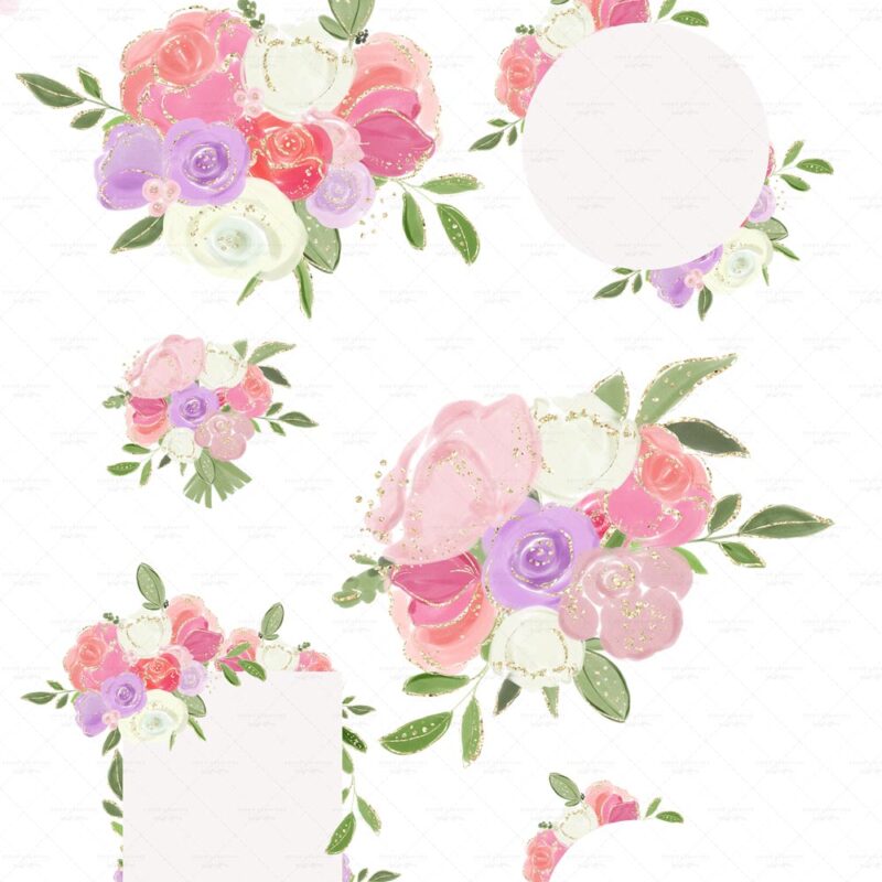 Transform your creative projects with this hand painted adorable Pink and Purple Floral Watercolor Clipart Set. This pretty, vibrant and cute collection features delicate floral designs in shades of rosy pinks and purples, fuschia, magenta and gold sparkles. Dive into a world of creativity as you explore the watercolor splashes, textures, bouquets, frames, borders, and backgrounds included in this set. Perfect for invitations, greeting cards, scrapbooks, and digital artwork, these versatile elements will add a whimsical touch to your designs. Click to see more>>