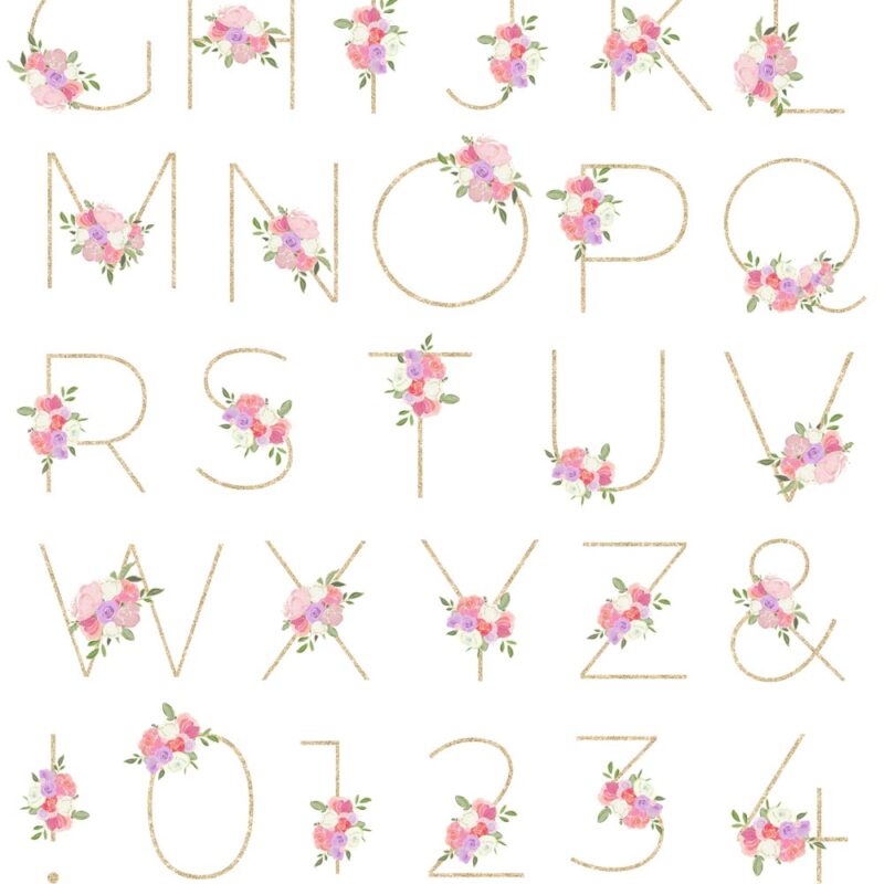 Elevate your designs with Rosy Blooms Pink Purple Gold Floral Alphabet Clipart. This captivating collection features fuschia magenta font letters and digits adorned with charming floral elements in shades of pink, purple, and gold. Each graphic is designed to add a touch of elegance and enchantment to your projects. Perfect for sublimation printing, these high-quality PNG images can be effortlessly incorporated into various creations. Whether you're designing personalized gifts, stationery, or home decor items, this versatile clipart set will make your designs truly stand out. Happy creating! Click to see more>>